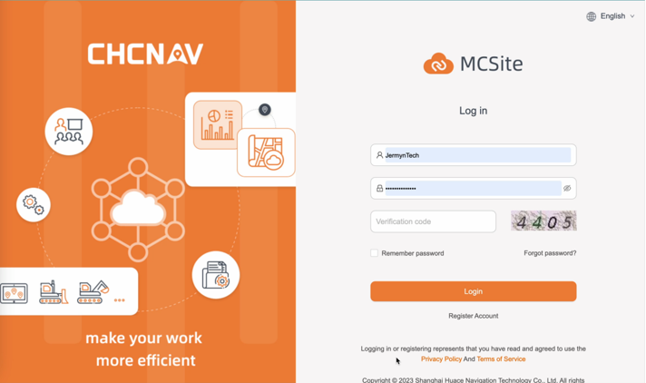 CHCNAV MCSite cloud platform on a laptop screen